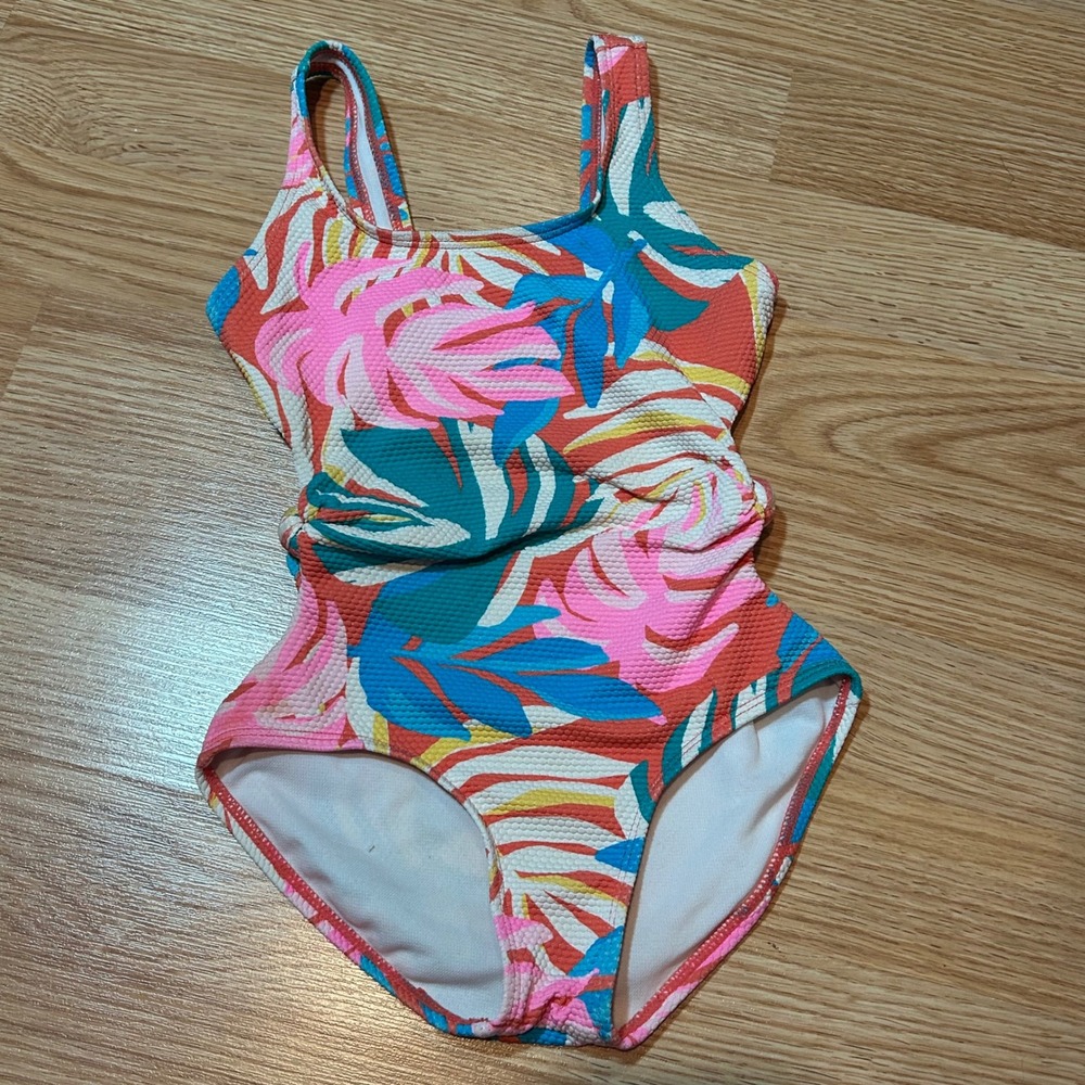 Cat & Jack Girls Tropical Palm Leaf One Piece Swimsuit Pink Blue Orange XS 4/5